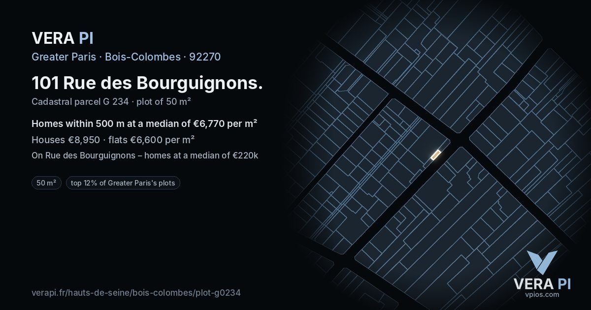 101 Rue des Bourguignons, Bois-Colombes at night – the plot lit, the parcels around coloured by the prices near them