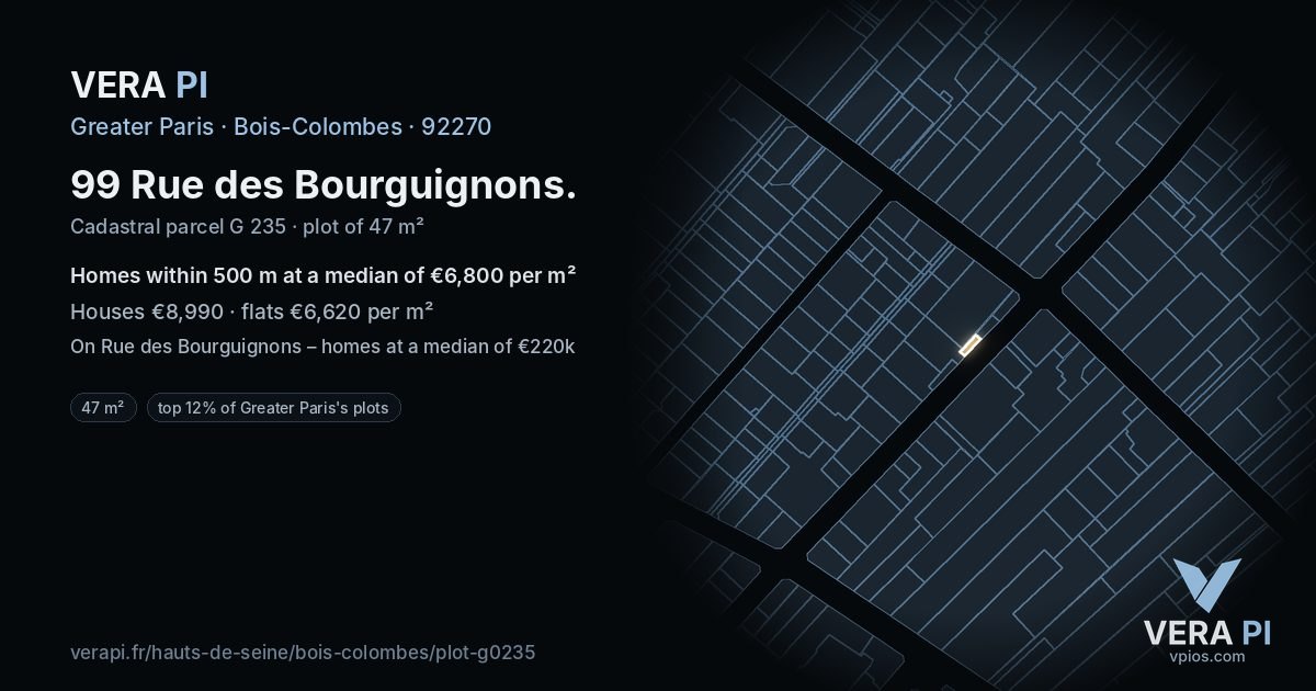 99 Rue des Bourguignons, Bois-Colombes at night – the plot lit, the parcels around coloured by the prices near them