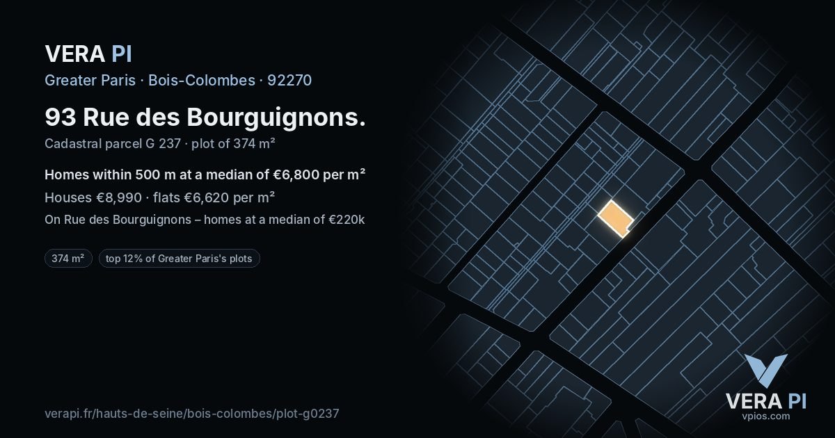 93 Rue des Bourguignons, Bois-Colombes at night – the plot lit, the parcels around coloured by the prices near them