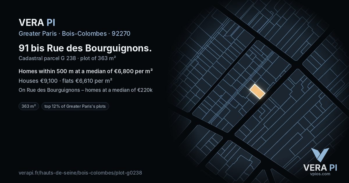 91 bis Rue des Bourguignons, Bois-Colombes at night – the plot lit, the parcels around coloured by the prices near them
