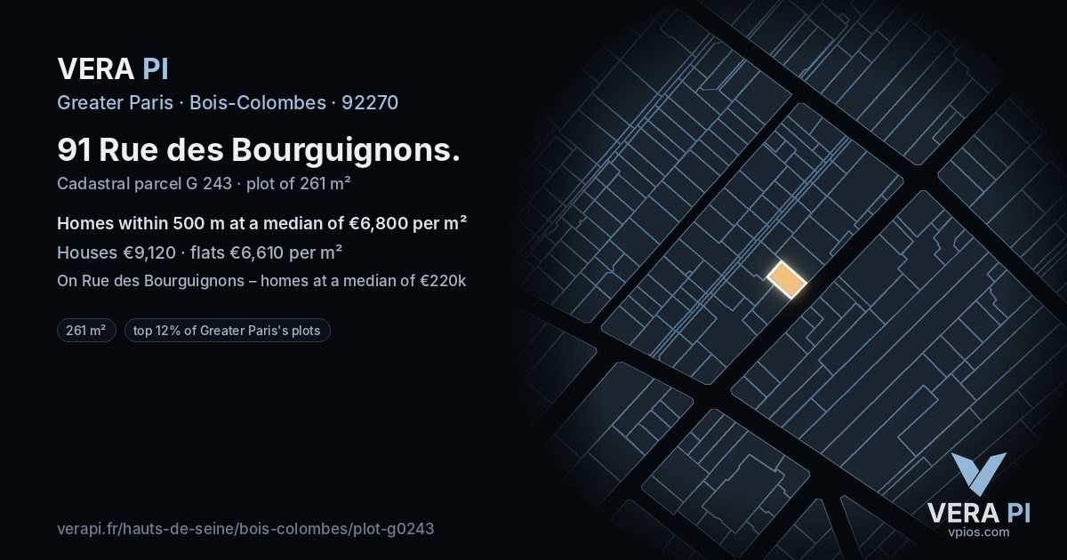 91 Rue des Bourguignons, Bois-Colombes at night – the plot lit, the parcels around coloured by the prices near them