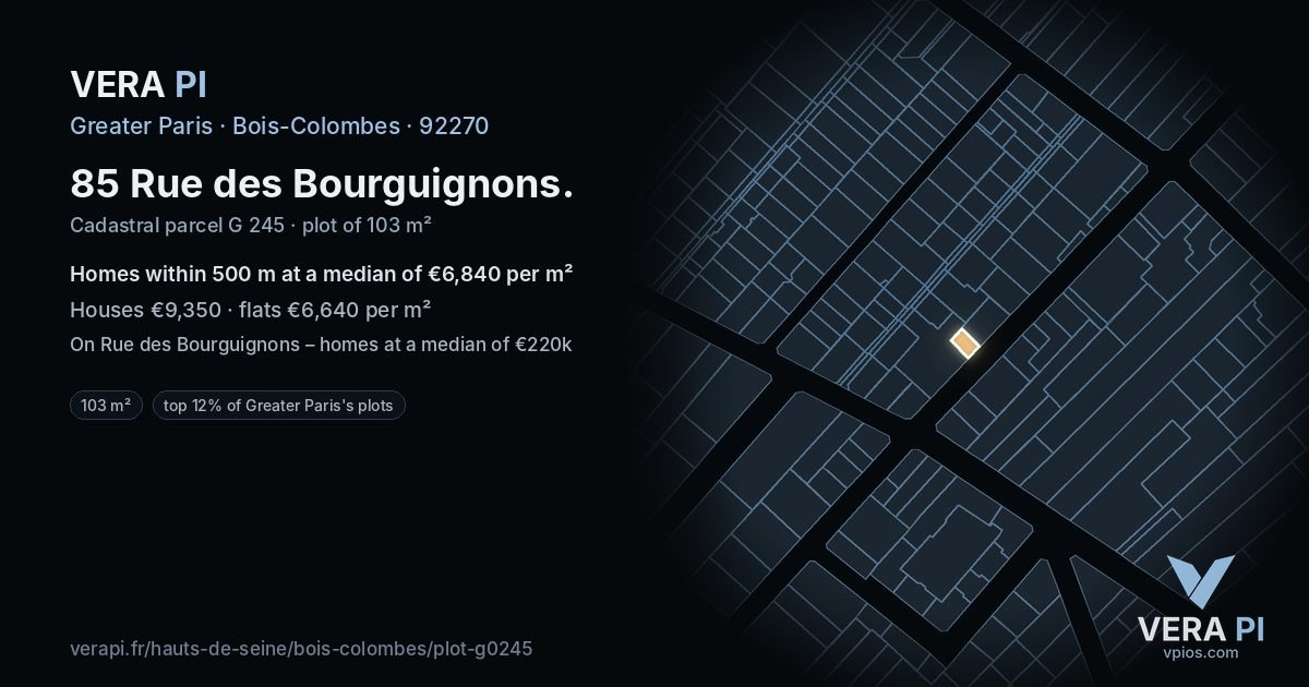85 Rue des Bourguignons, Bois-Colombes at night – the plot lit, the parcels around coloured by the prices near them