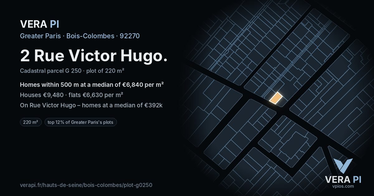 2 Rue Victor Hugo, Bois-Colombes at night – the plot lit, the parcels around coloured by the prices near them