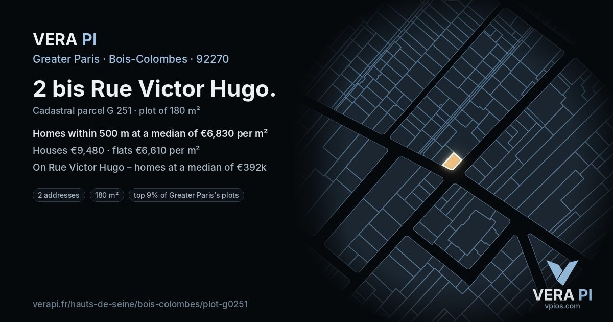 2 bis Rue Victor Hugo, Bois-Colombes at night – the plot lit, the parcels around coloured by the prices near them