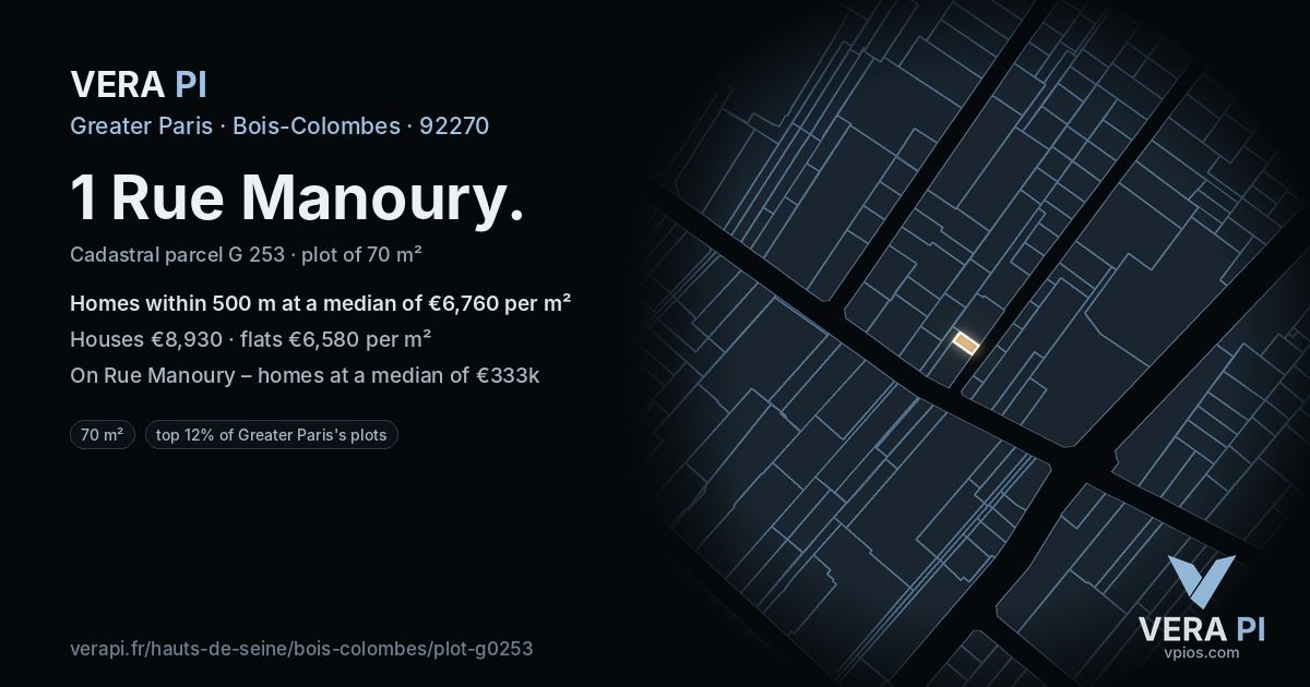 1 Rue Manoury, Bois-Colombes at night – the plot lit, the parcels around coloured by the prices near them