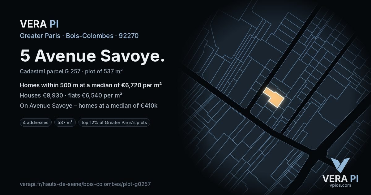 5 Avenue Savoye, Bois-Colombes at night – the plot lit, the parcels around coloured by the prices near them