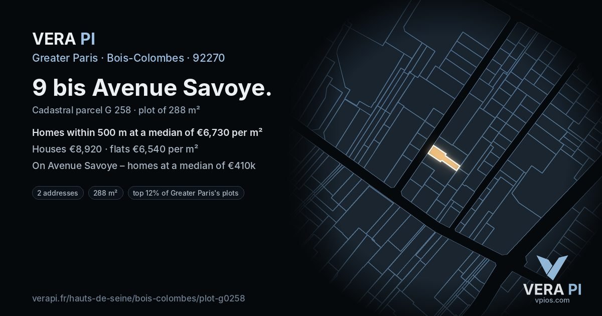 9 bis Avenue Savoye, Bois-Colombes at night – the plot lit, the parcels around coloured by the prices near them