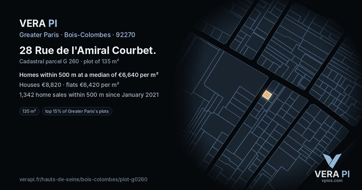 28 Rue de l'Amiral Courbet, Bois-Colombes at night – the plot lit, the parcels around coloured by the prices near them