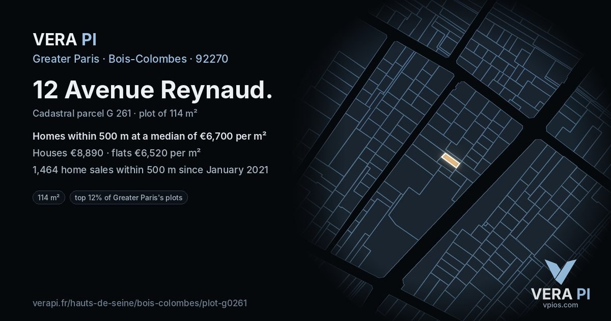 12 Avenue Reynaud, Bois-Colombes at night – the plot lit, the parcels around coloured by the prices near them
