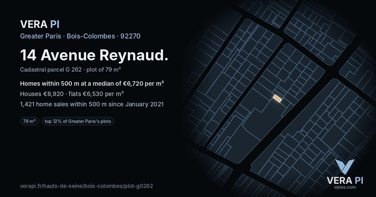 14 Avenue Reynaud, Bois-Colombes at night – the plot lit, the parcels around coloured by the prices near them