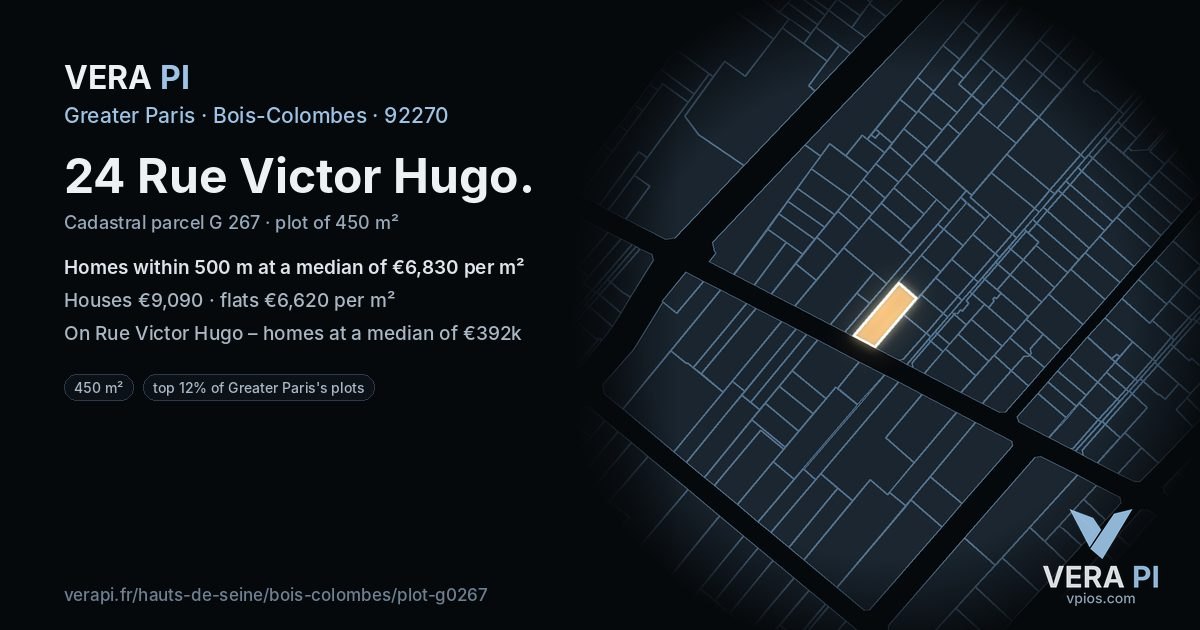 24 Rue Victor Hugo, Bois-Colombes at night – the plot lit, the parcels around coloured by the prices near them