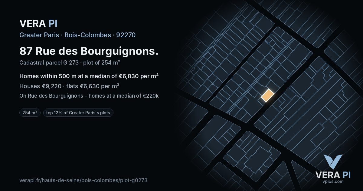 87 Rue des Bourguignons, Bois-Colombes at night – the plot lit, the parcels around coloured by the prices near them