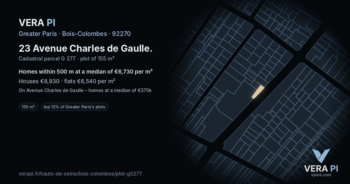 23 Avenue Charles de Gaulle, Bois-Colombes at night – the plot lit, the parcels around coloured by the prices near them