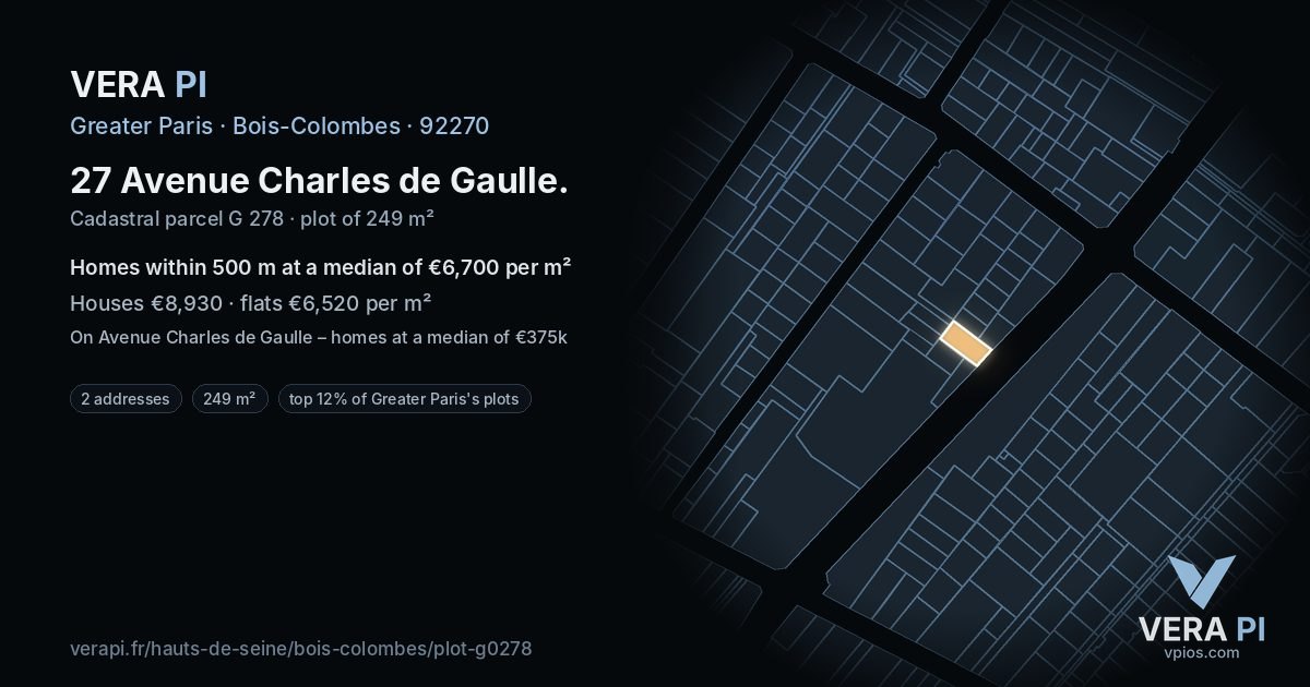 27 Avenue Charles de Gaulle, Bois-Colombes at night – the plot lit, the parcels around coloured by the prices near them