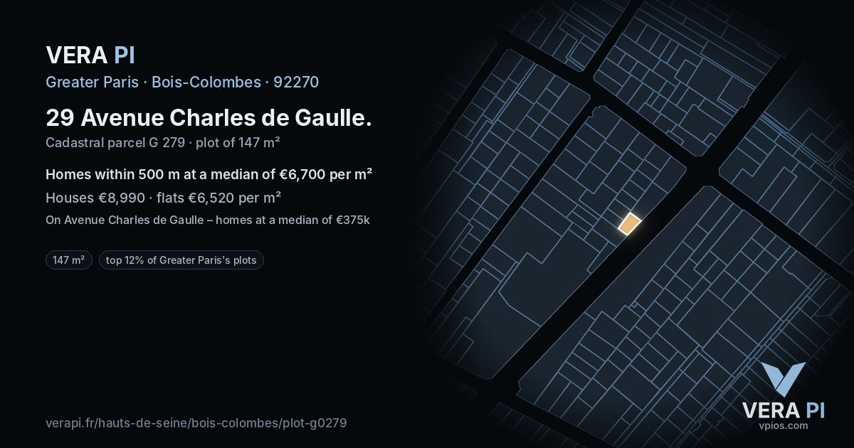 29 Avenue Charles de Gaulle, Bois-Colombes at night – the plot lit, the parcels around coloured by the prices near them