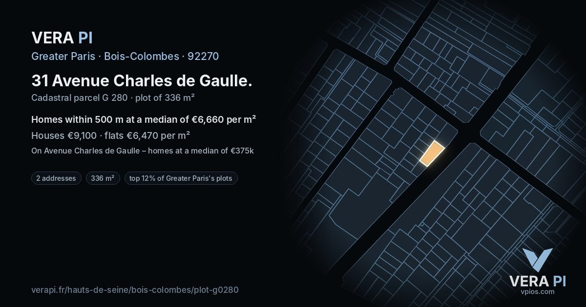 31 Avenue Charles de Gaulle, Bois-Colombes at night – the plot lit, the parcels around coloured by the prices near them