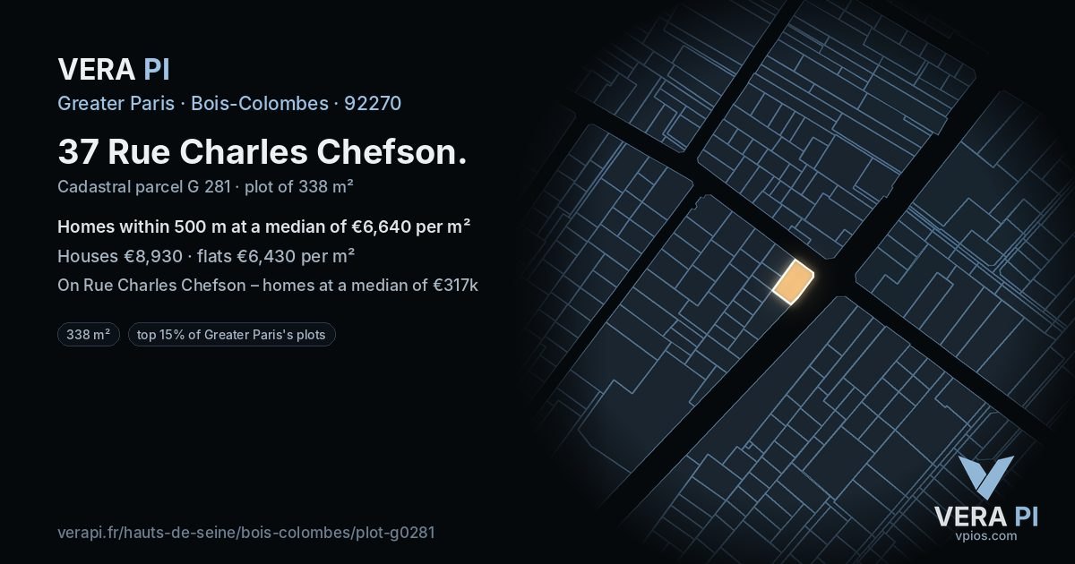 37 Rue Charles Chefson, Bois-Colombes at night – the plot lit, the parcels around coloured by the prices near them