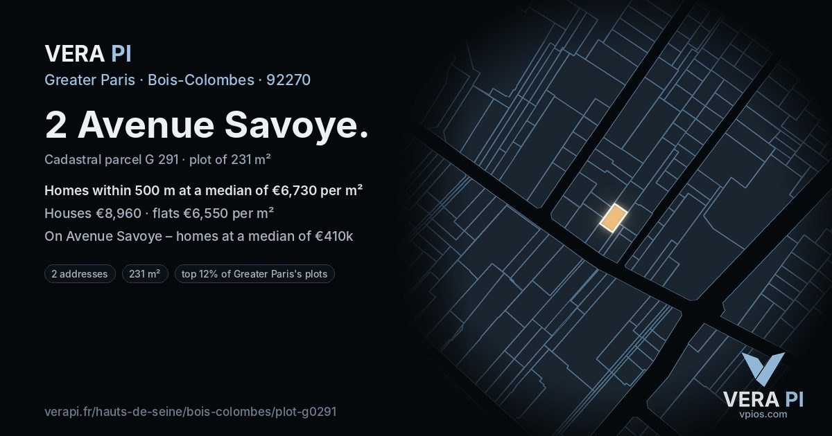 2 Avenue Savoye, Bois-Colombes at night – the plot lit, the parcels around coloured by the prices near them