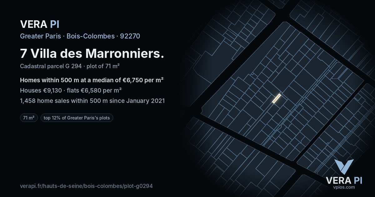 7 Villa des Marronniers, Bois-Colombes at night – the plot lit, the parcels around coloured by the prices near them