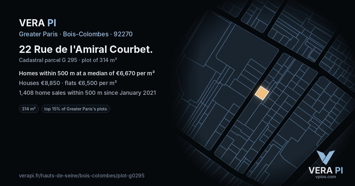 22 Rue de l'Amiral Courbet, Bois-Colombes at night – the plot lit, the parcels around coloured by the prices near them