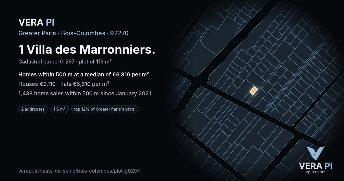 1 Villa des Marronniers, Bois-Colombes at night – the plot lit, the parcels around coloured by the prices near them