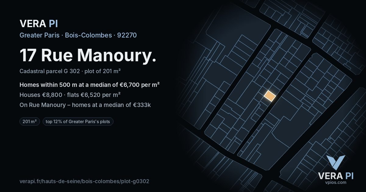 17 Rue Manoury, Bois-Colombes at night – the plot lit, the parcels around coloured by the prices near them