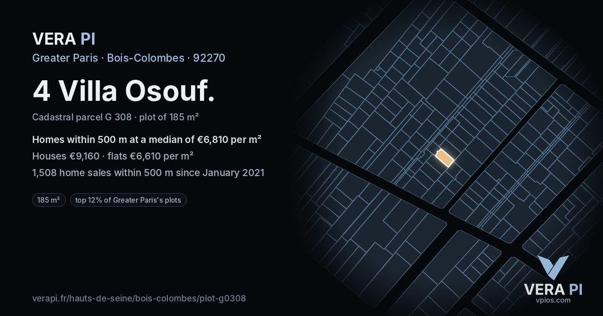 4 Villa Osouf, Bois-Colombes at night – the plot lit, the parcels around coloured by the prices near them