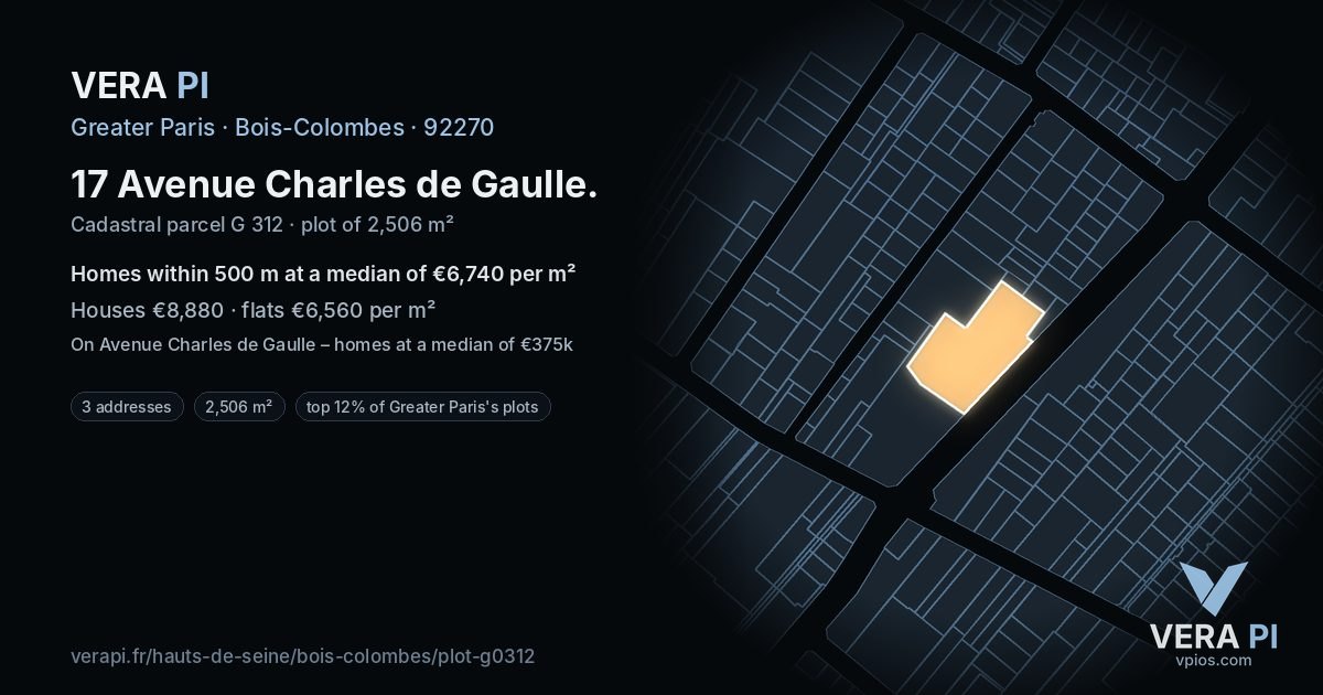17 Avenue Charles de Gaulle, Bois-Colombes at night – the plot lit, the parcels around coloured by the prices near them