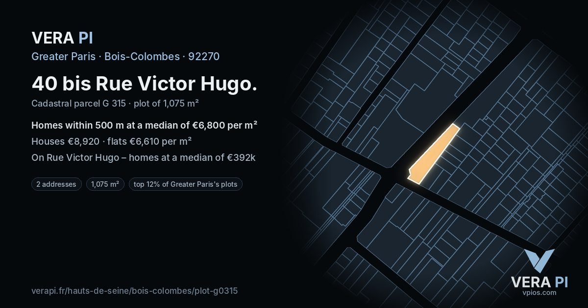 40 bis Rue Victor Hugo, Bois-Colombes at night – the plot lit, the parcels around coloured by the prices near them