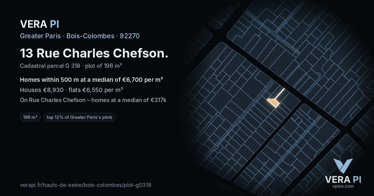13 Rue Charles Chefson, Bois-Colombes at night – the plot lit, the parcels around coloured by the prices near them