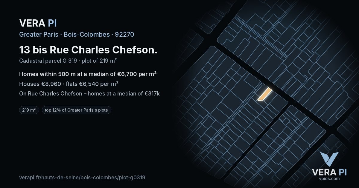 13 bis Rue Charles Chefson, Bois-Colombes at night – the plot lit, the parcels around coloured by the prices near them