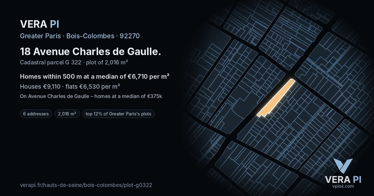 18 Avenue Charles de Gaulle, Bois-Colombes at night – the plot lit, the parcels around coloured by the prices near them
