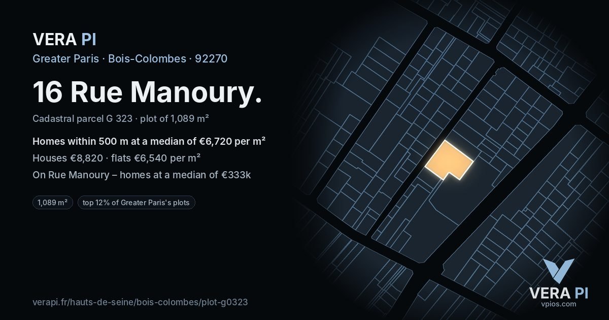 16 Rue Manoury, Bois-Colombes at night – the plot lit, the parcels around coloured by the prices near them