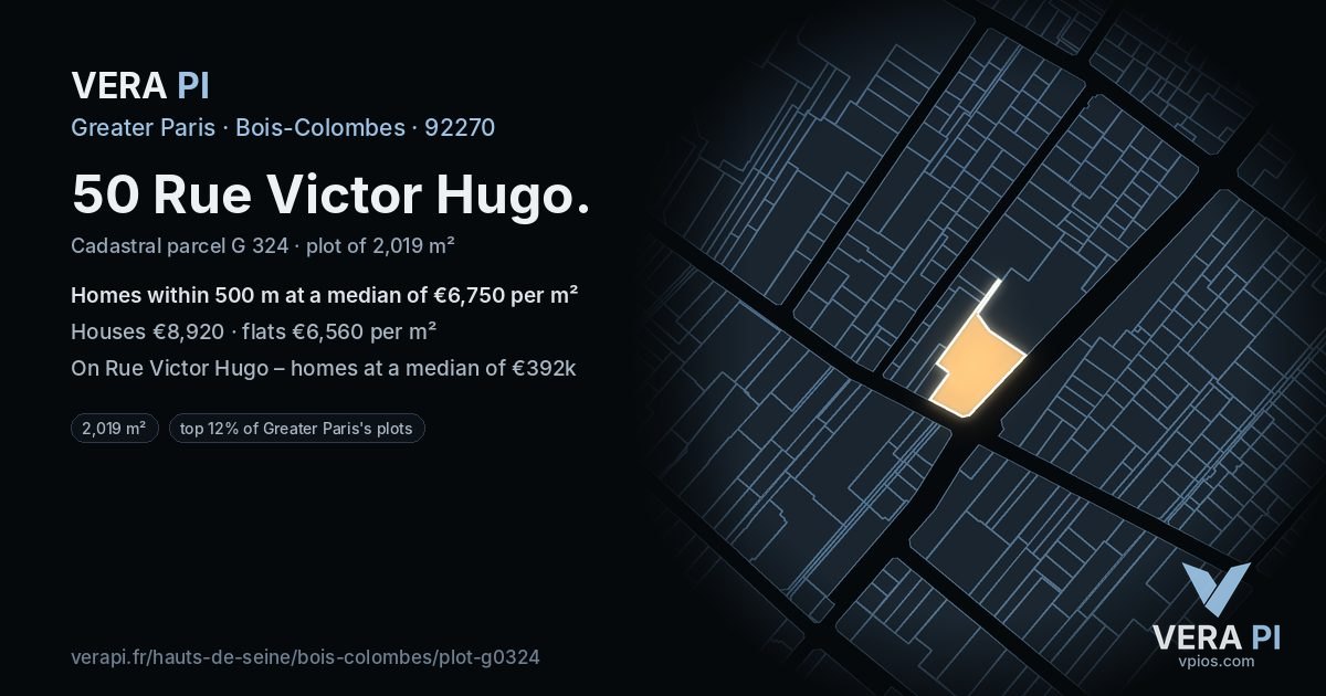 50 Rue Victor Hugo, Bois-Colombes at night – the plot lit, the parcels around coloured by the prices near them