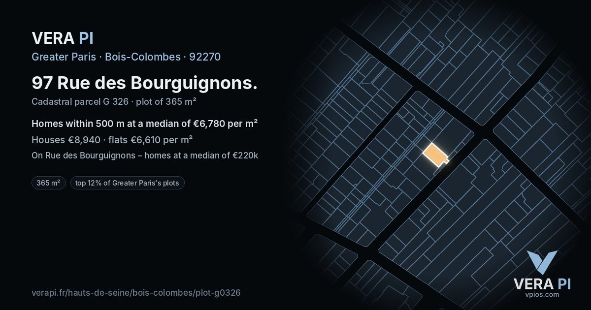 97 Rue des Bourguignons, Bois-Colombes at night – the plot lit, the parcels around coloured by the prices near them