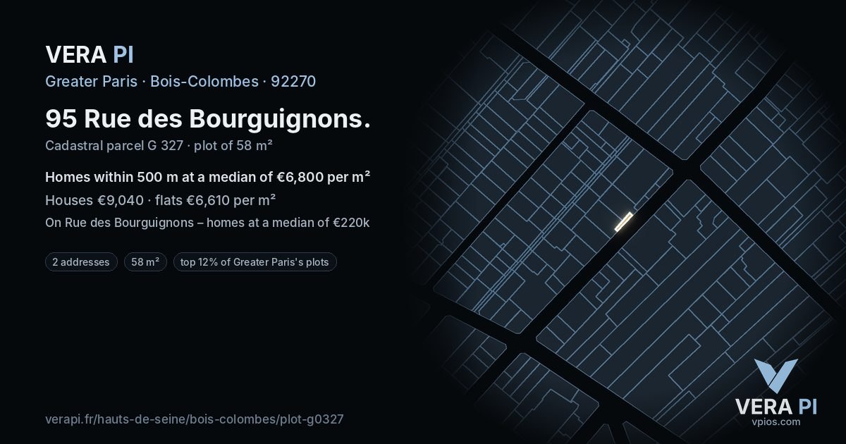 95 Rue des Bourguignons, Bois-Colombes at night – the plot lit, the parcels around coloured by the prices near them