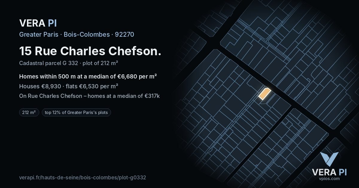 15 Rue Charles Chefson, Bois-Colombes at night – the plot lit, the parcels around coloured by the prices near them