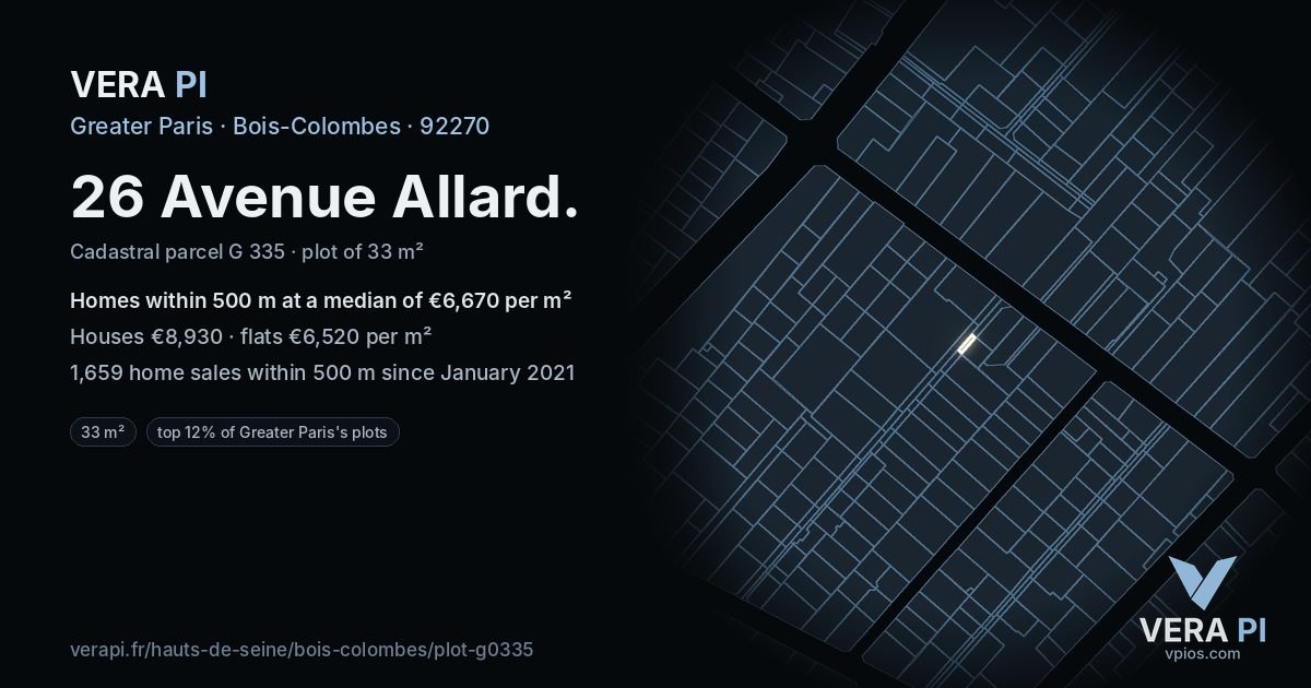 26 Avenue Allard, Bois-Colombes at night – the plot lit, the parcels around coloured by the prices near them