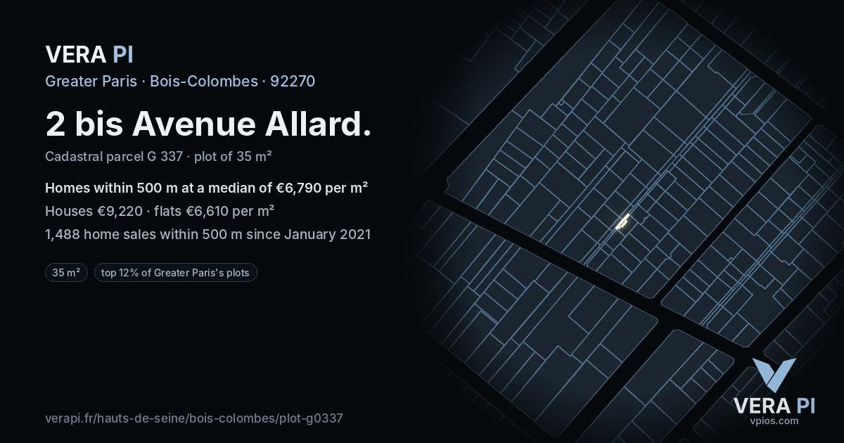 2 bis Avenue Allard, Bois-Colombes at night – the plot lit, the parcels around coloured by the prices near them