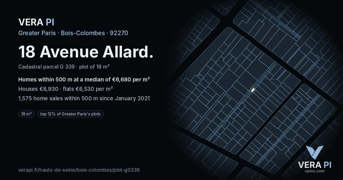 18 Avenue Allard, Bois-Colombes at night – the plot lit, the parcels around coloured by the prices near them