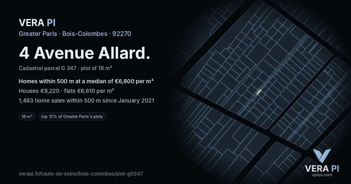 4 Avenue Allard, Bois-Colombes at night – the plot lit, the parcels around coloured by the prices near them
