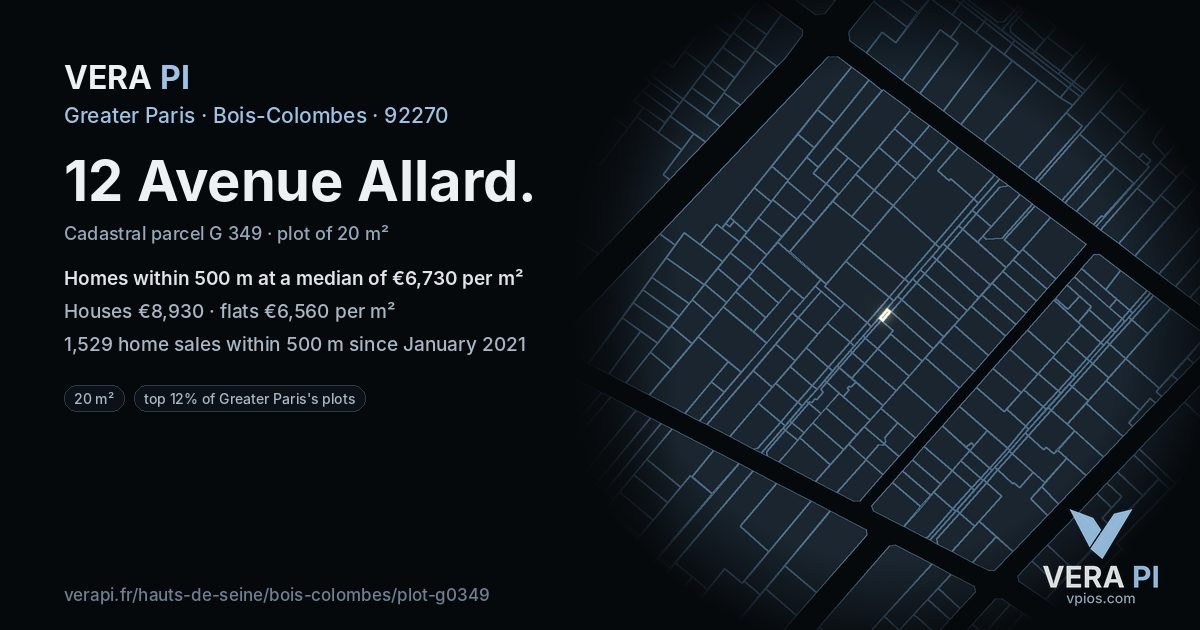 12 Avenue Allard, Bois-Colombes at night – the plot lit, the parcels around coloured by the prices near them
