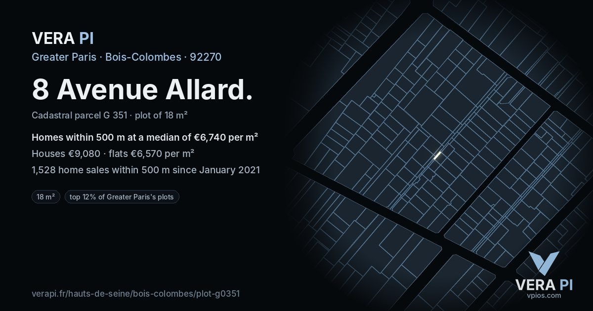 8 Avenue Allard, Bois-Colombes at night – the plot lit, the parcels around coloured by the prices near them