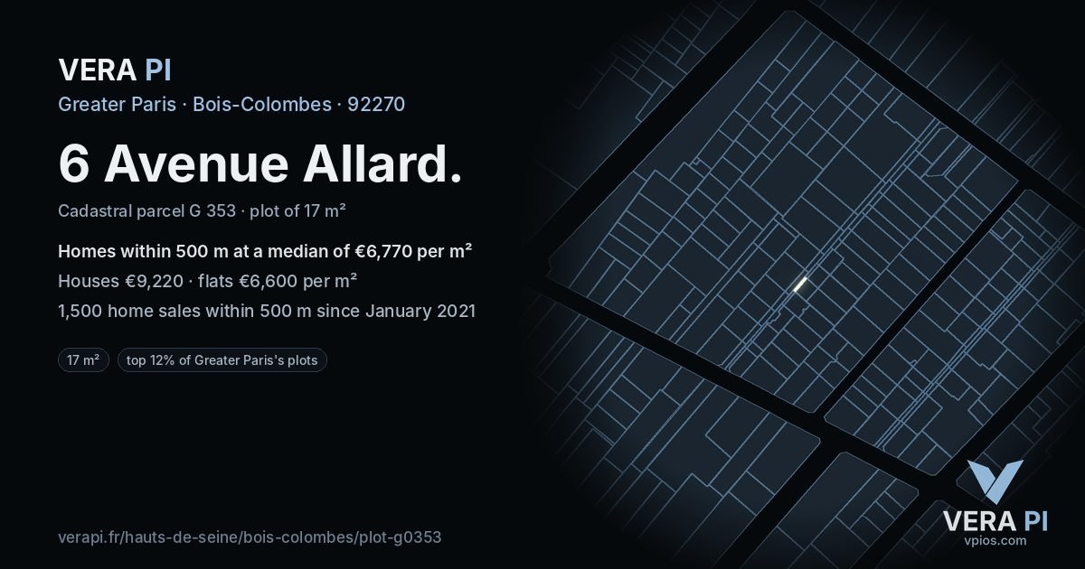 6 Avenue Allard, Bois-Colombes at night – the plot lit, the parcels around coloured by the prices near them