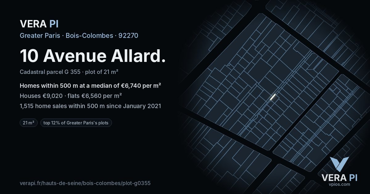 10 Avenue Allard, Bois-Colombes at night – the plot lit, the parcels around coloured by the prices near them