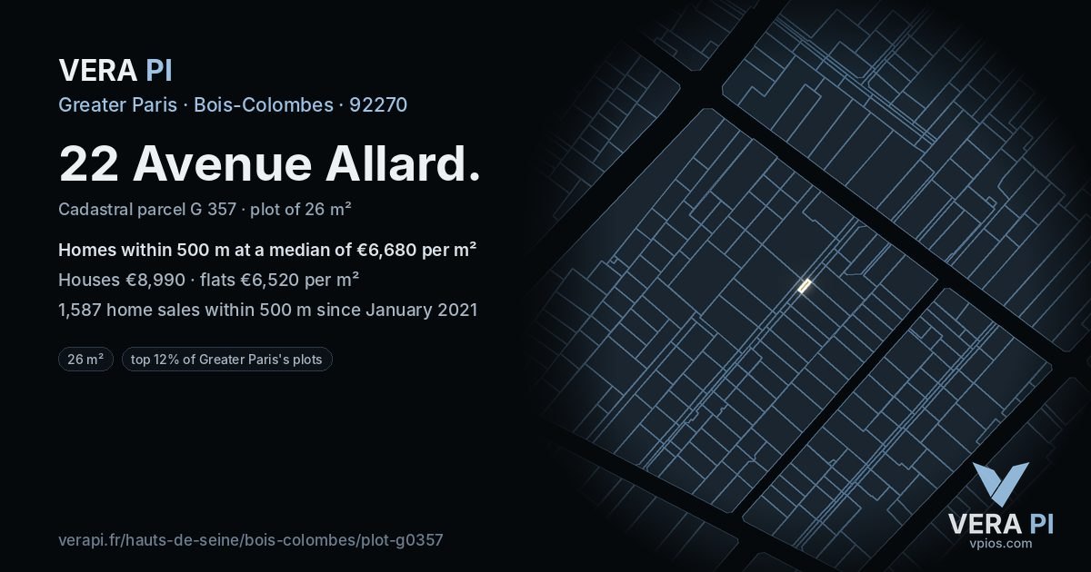 22 Avenue Allard, Bois-Colombes at night – the plot lit, the parcels around coloured by the prices near them