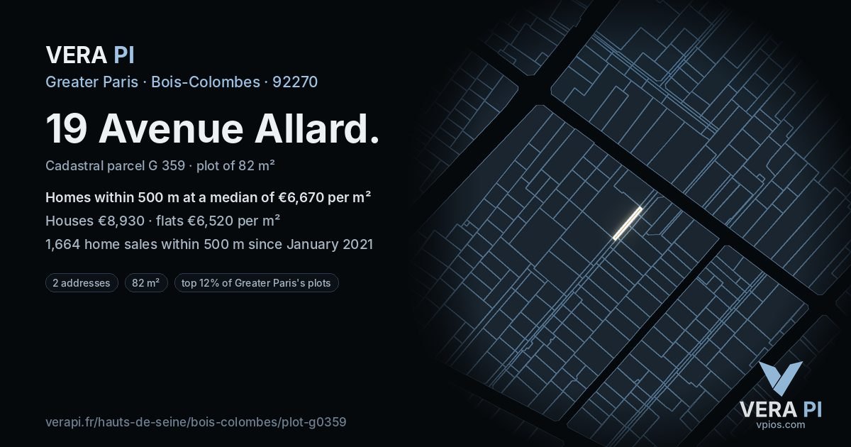 19 Avenue Allard, Bois-Colombes at night – the plot lit, the parcels around coloured by the prices near them