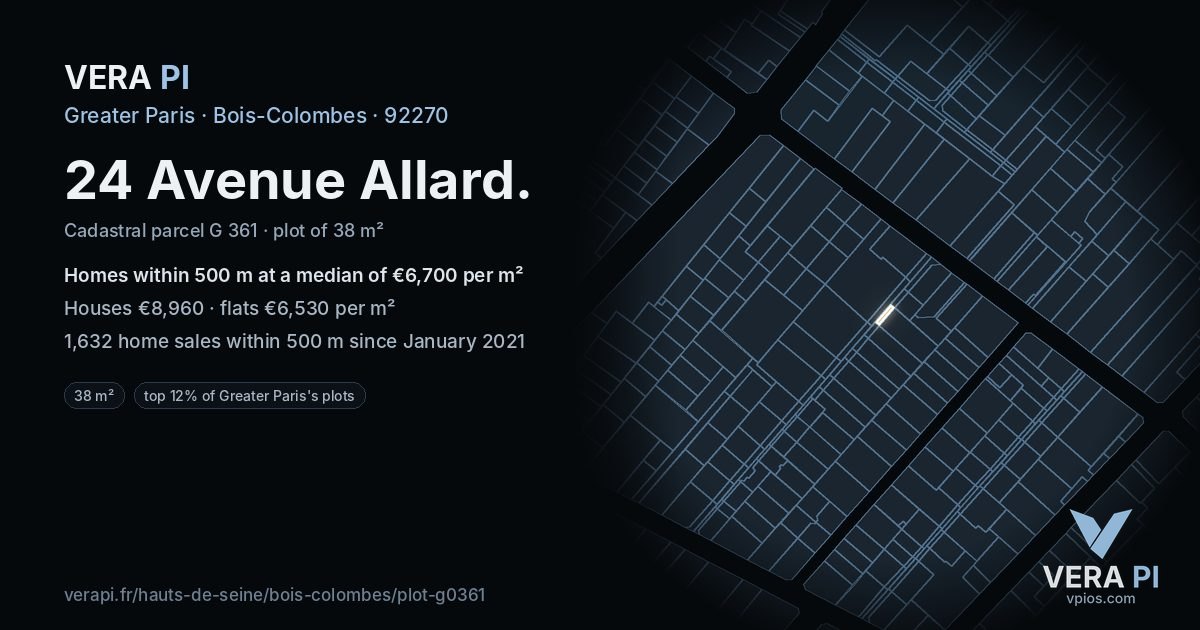 24 Avenue Allard, Bois-Colombes at night – the plot lit, the parcels around coloured by the prices near them
