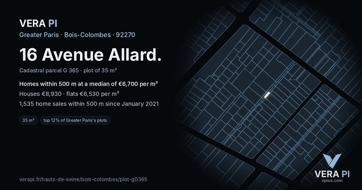 16 Avenue Allard, Bois-Colombes at night – the plot lit, the parcels around coloured by the prices near them
