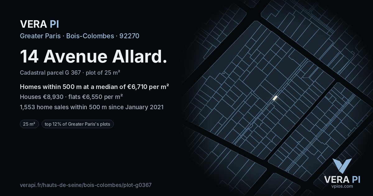 14 Avenue Allard, Bois-Colombes at night – the plot lit, the parcels around coloured by the prices near them